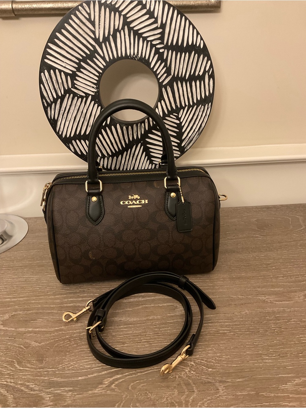Coach Brown Signature Barrel Satchel with Black Trim and Gold Hardware